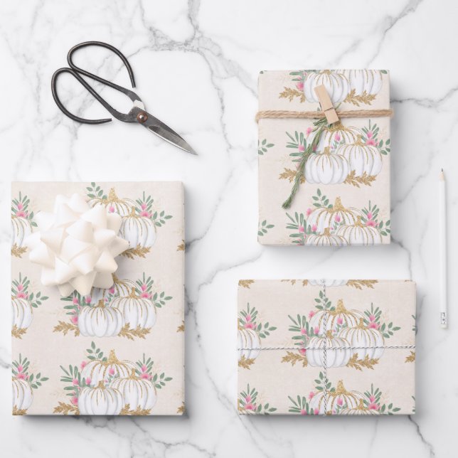 White and Gold Pumpkins Watercolor Pattern Wrapping Paper Sheet (Front)
