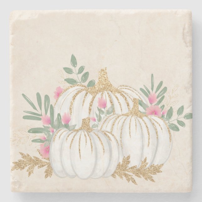 White and Gold Pumpkins Watercolor Stone Coaster (Front)
