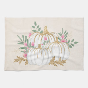 White and Gold Pumpkins Watercolor Tea Towel