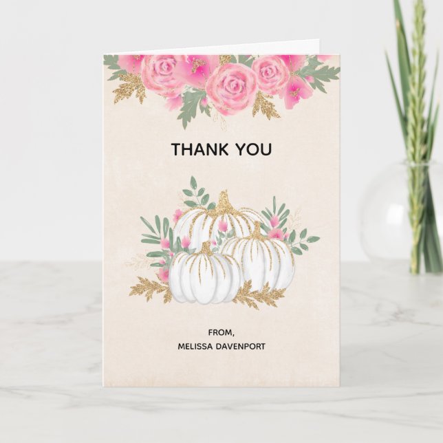 White and Gold Pumpkins Watercolor Thank You Card (Front)