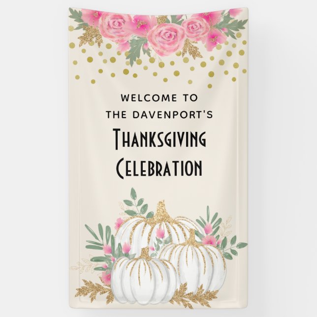 White and Gold Pumpkins Watercolor Thanksgiving Banner (Vertical)