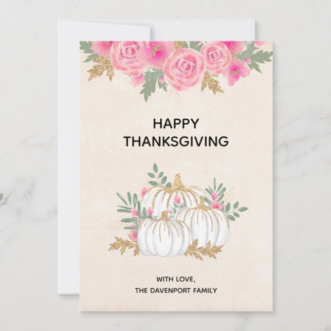 White and Gold Pumpkins Watercolor Thanksgiving Holiday Card (Front)