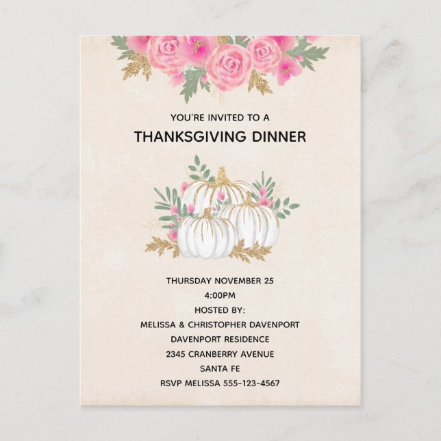 White and Gold Pumpkins Watercolor Thanksgiving Invitation Postcard (Front)