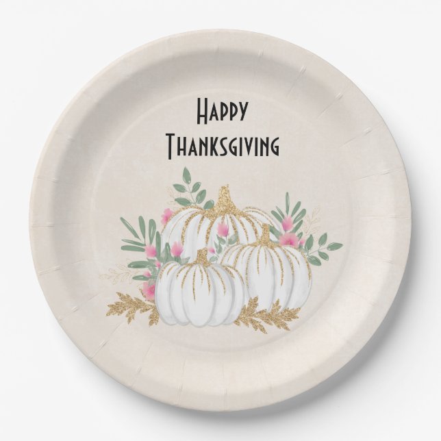 White and Gold Pumpkins Watercolor Thanksgiving Paper Plate (Front)