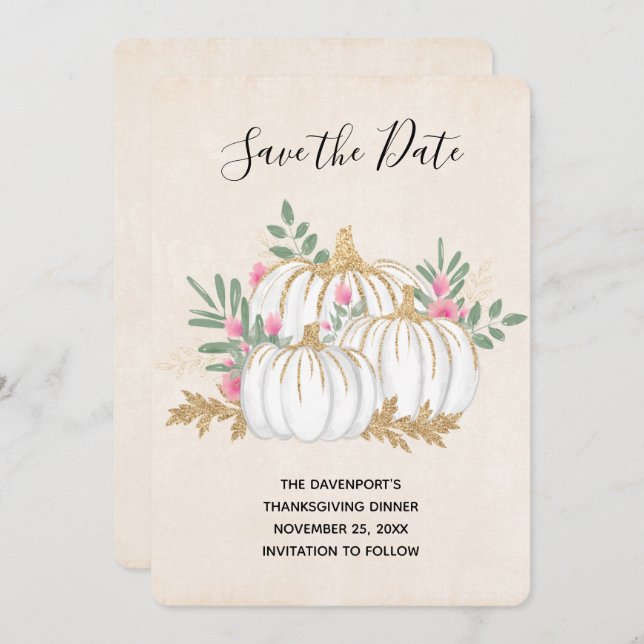 White and Gold Pumpkins Watercolor Thanksgiving Save The Date (Front/Back)