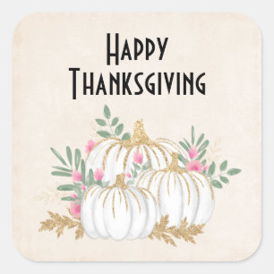 White and Gold Pumpkins Watercolor Thanksgiving Square Sticker