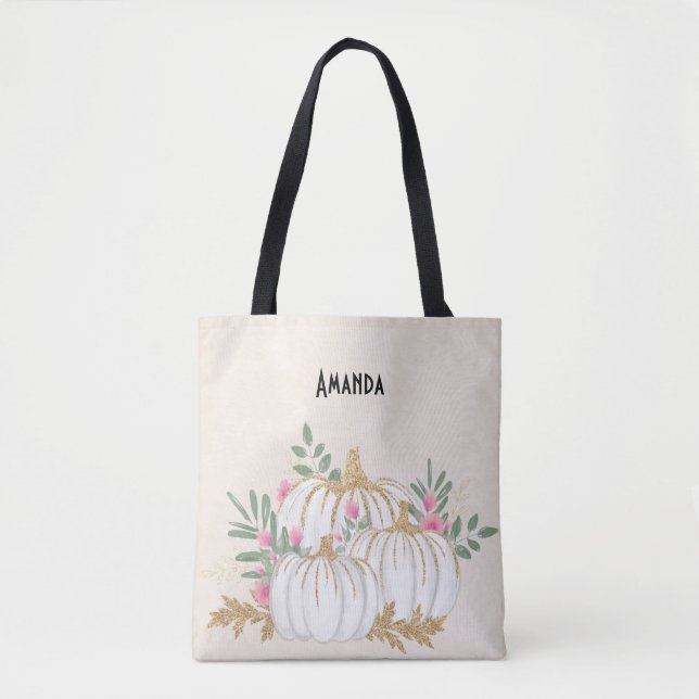White and Gold Pumpkins Watercolor Tote Bag (Front)