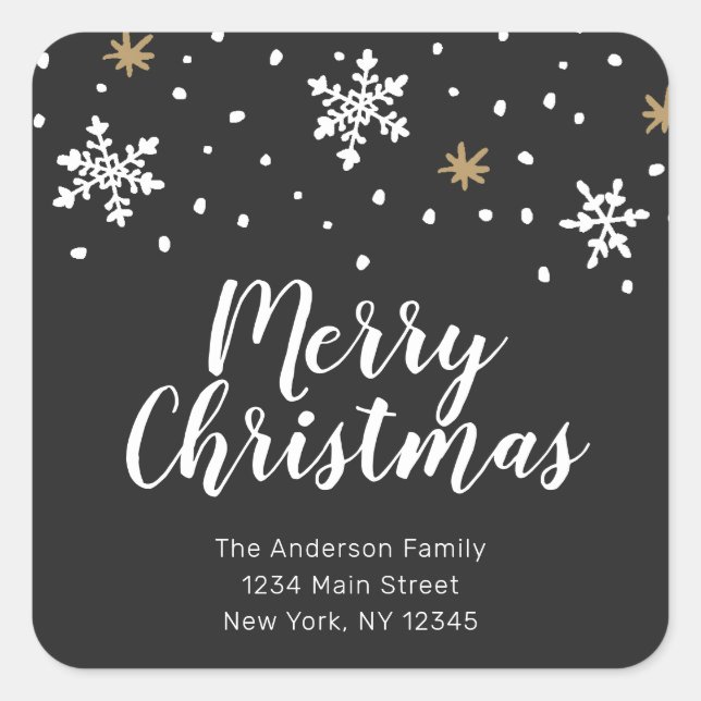 White and Gold Snowflakes Christmas Return Address Square Sticker (Front)