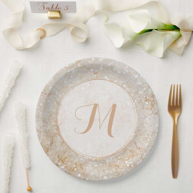 White and Gold Sparkle Monogram Paper Plate (Wedding)