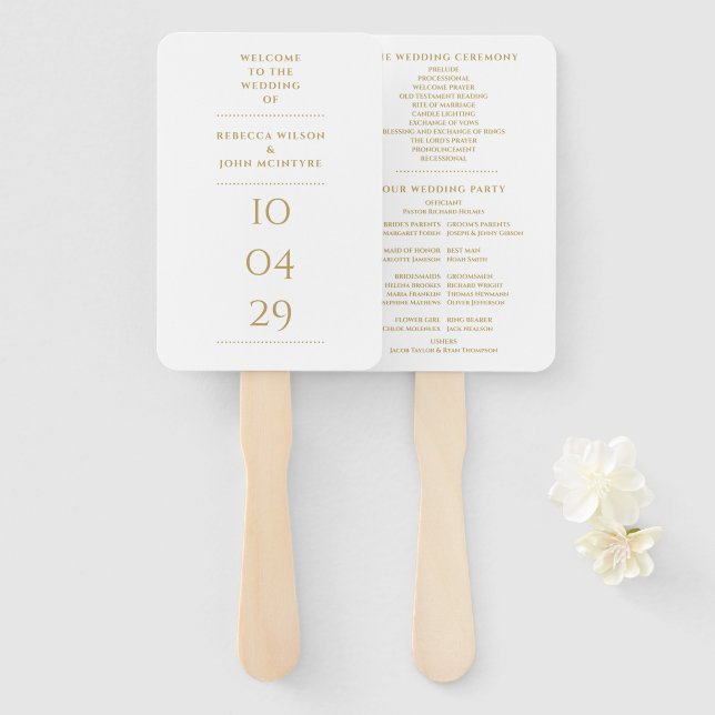 White And Gold Special Date Wedding Program Hand Fan (Front and Back)