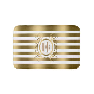 White And Gold Stripes With Swirls Frame Bath Mat