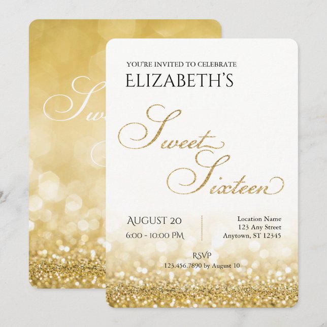 White and Gold Sweet Sixteen Birthday Invitation (Front/Back)