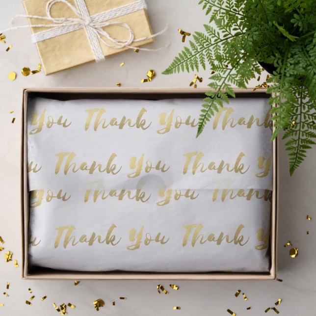 White and Gold Thank You Brush Script Tissue Paper (A modern brush script Thank You word pattern tissue paper just for you. )