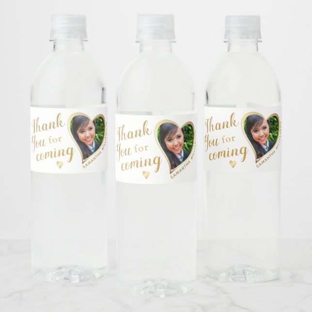 White and Gold Thank You Photo 2025 Graduation Water Bottle Label (Bottles)