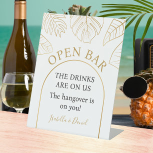White and Gold Tropical Floral Open Bar Wedding Pedestal Sign