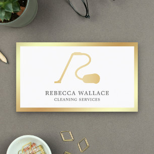 White and Gold Vacuum Cleaner Cleaning Services Business Card