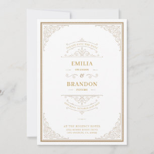 White and gold vintage frame Save The Date Invitation