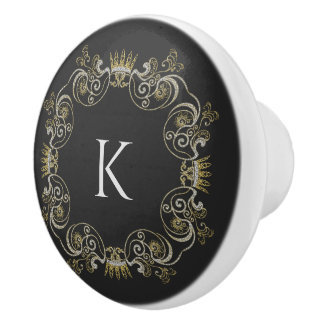 White and Gold Vintage Swirls frame Monogram Ceramic Knob