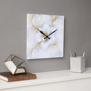 White and Gold Watercolor Abstract Flower Square Wall Clock
