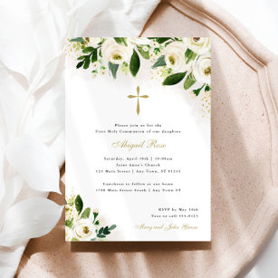 White and Gold Watercolor Floral Religious Cross Invitation