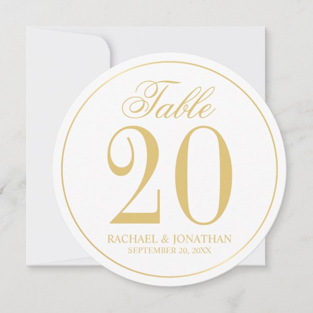 White and Gold Wedding Circle Table Number Card (Front)