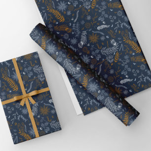 White and golden floral doodles in blue wrapping paper sheet
