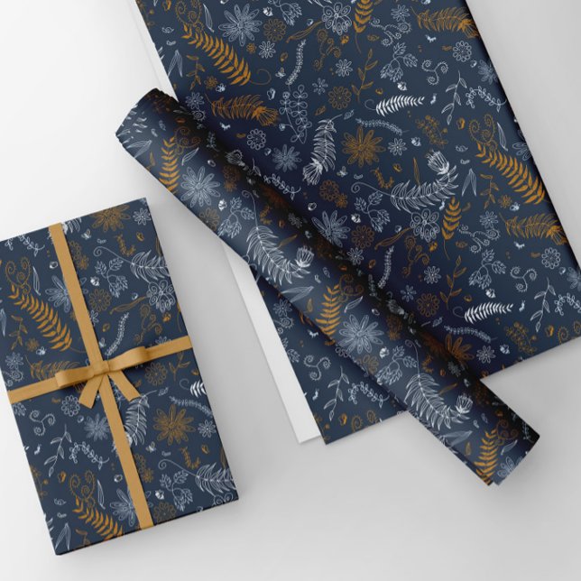 White and golden floral doodles in blue wrapping paper sheet (Creator Uploaded)