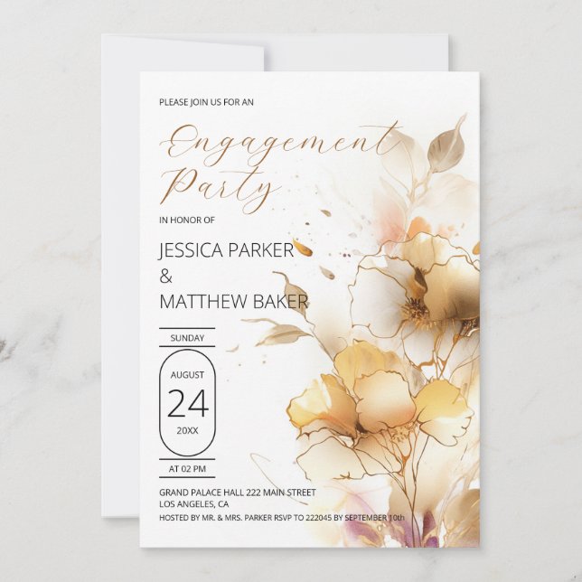 White and Golden Flowers Engagement Invitation (Front)