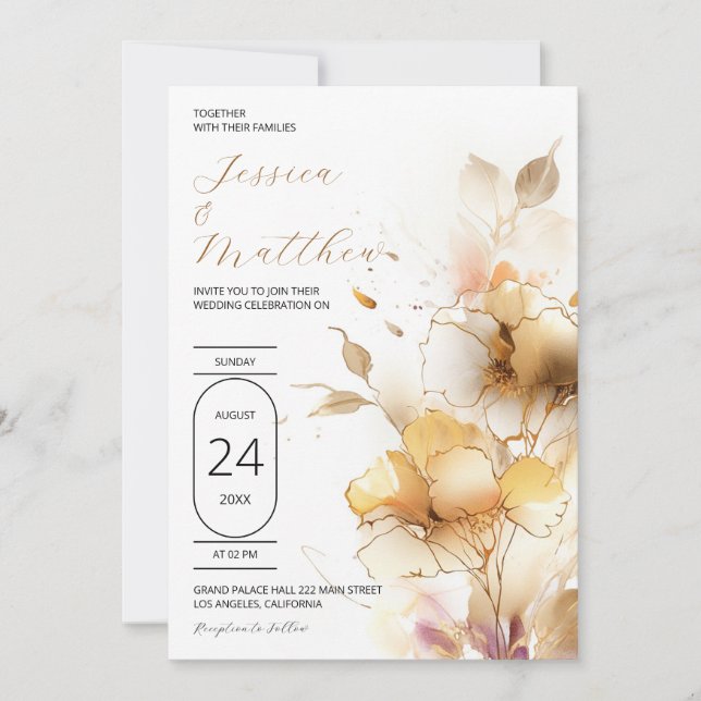 White and Golden Flowers Wedding Invitation (Front)
