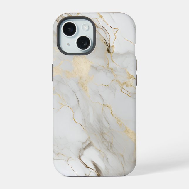 White and Golden Marble Textured iPhone 15 Case (Back)