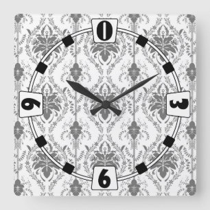 White and gray Damask openwork pattern Square Wall Clock