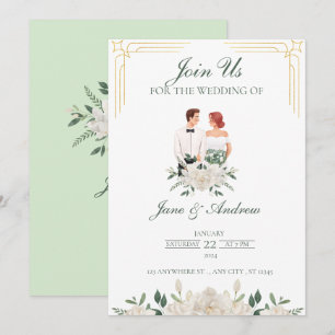 White And Green Boho Floral Wedding Invitation