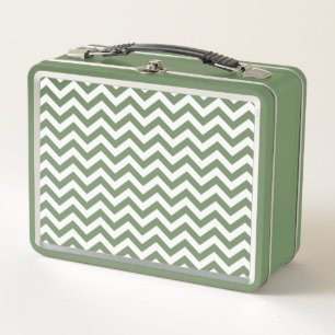 White and Green Chevron Pattern Metal Lunch Box