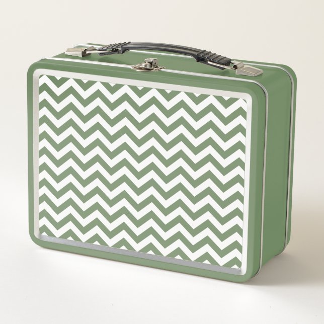 White and Green Chevron Pattern Metal Lunch Box (Front)