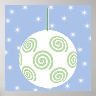 White and Green Christmas Bauble. On Starry Blue. Poster