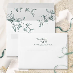 White and Green Elegant Modern Floral Wedding Envelope