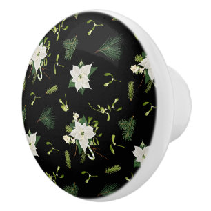 White and Green Floral Illustrated on Black Ceramic Knob