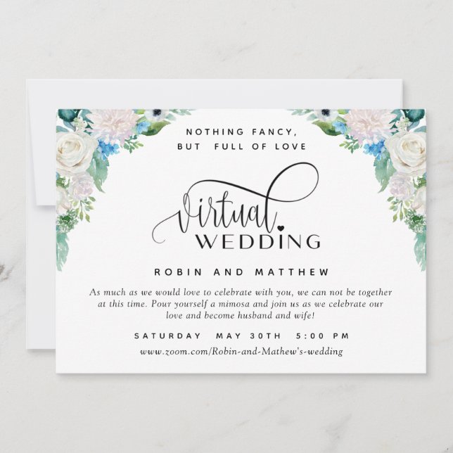 White and Green Floral Online Virtual Wedding Invitation (Front)