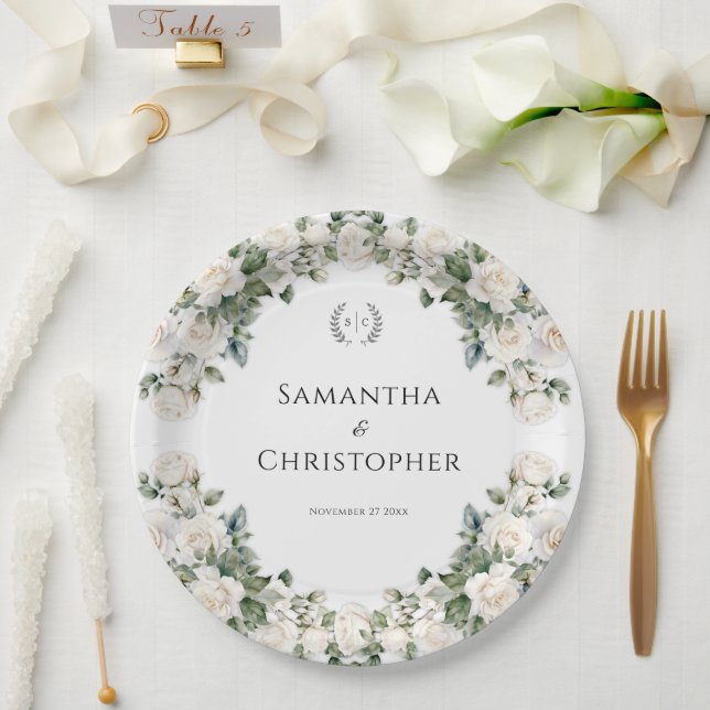 White and Green Floral Wedding  Paper Plate (Wedding)