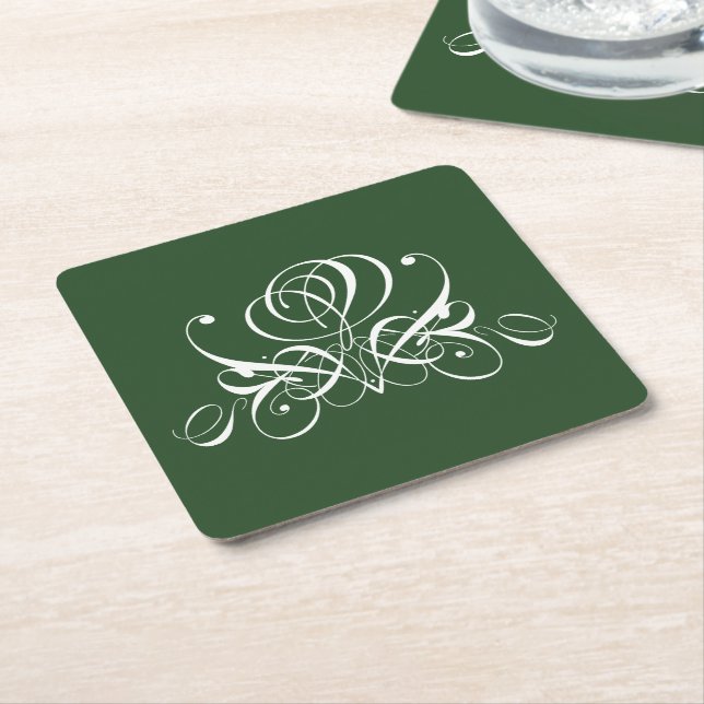 White and Green Flourish Rose Square Paper Coaster (Angled)