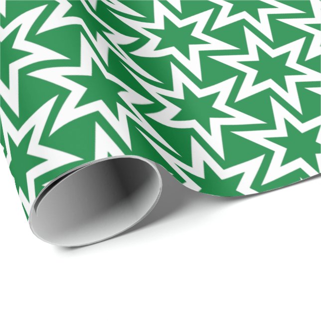 White and Green Geometric Star Pattern Wrapping Paper (Roll Corner)