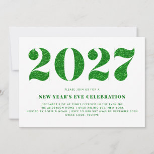 White and Green Glitter 2024 New Year's Eve Party Invitation