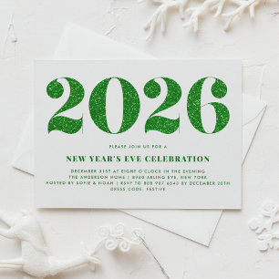 White and Green Glitter 2024 New Year's Eve Party Invitation