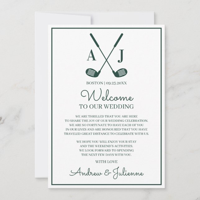 White And Green Golf Wedding Welcome Note Invitation (Front)