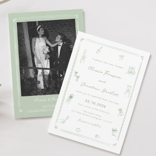 White and Green Hand Drawn Wedding Invitation