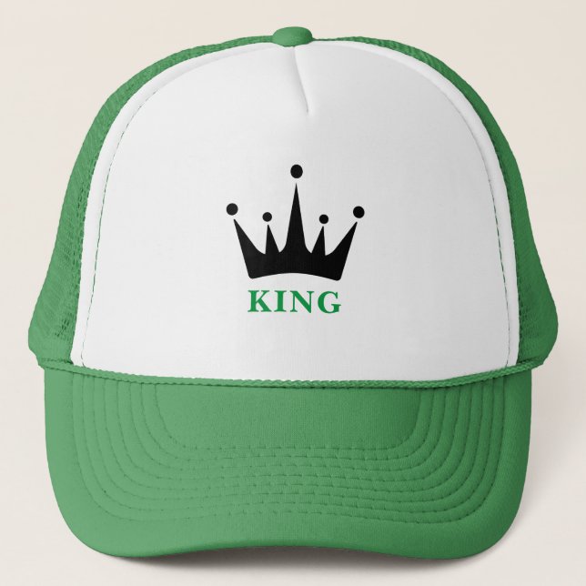 White and Green KING Text Crown Image Trucker Hat (Front)