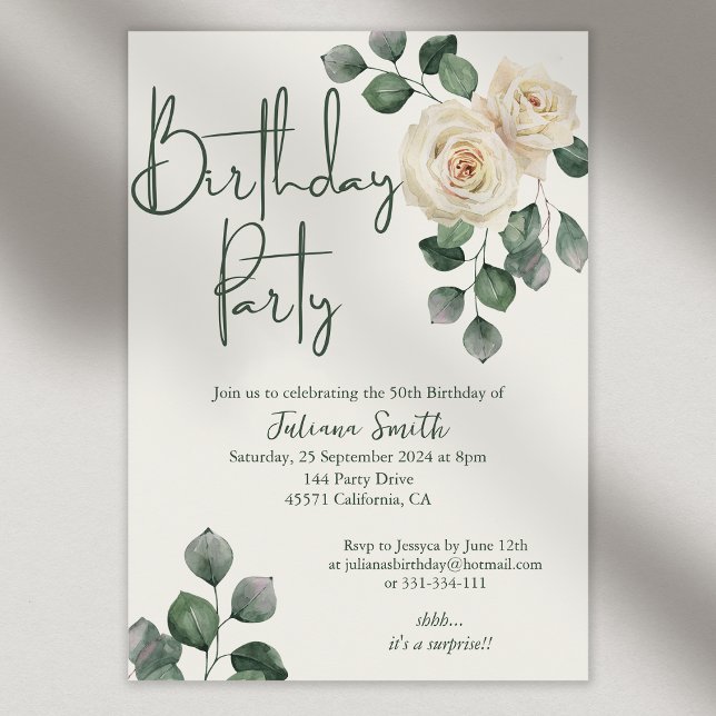 White and Green Rose Adult Birthday Party  Invitation (Creator Uploaded)