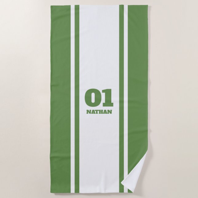 White and Green Sports Stripe Name & Number Beach Towel (Front)