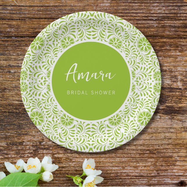 WHITE AND GREEN TALAVERA BRIDAL SHOWER PAPER PLATE (Creator Uploaded)