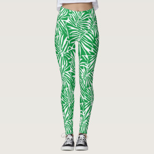 White And Green Tropical Leaf Repeating Pattern Leggings